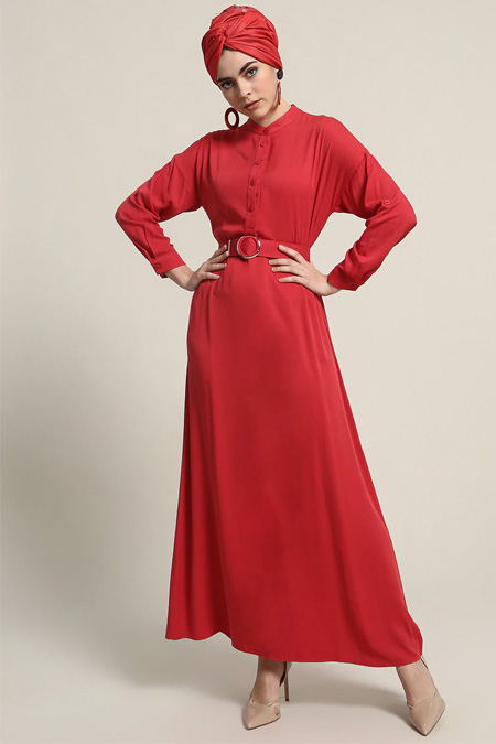Refka Kırmızı Doğal Kumaşlı Kemerli Elbise
