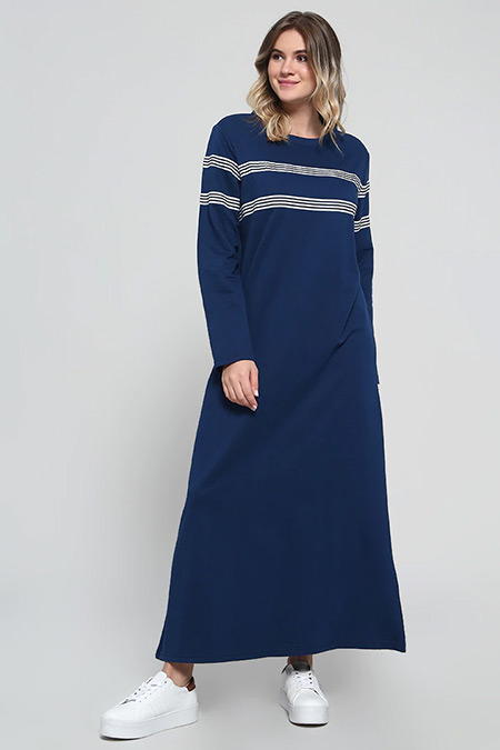 Alia Lacivert Doğal Kumaşlı Çizgili Elbise