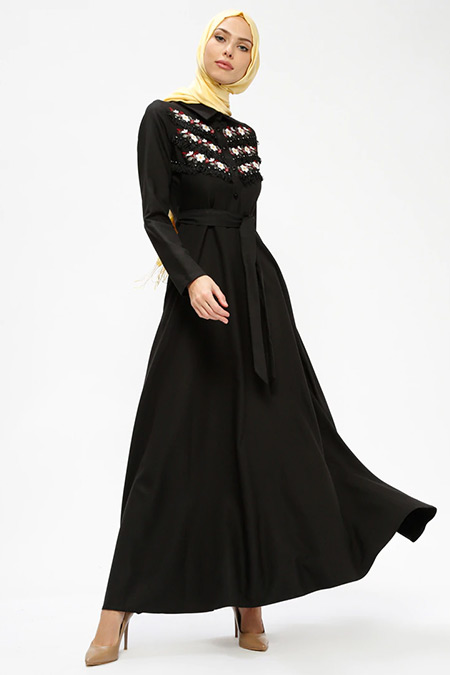 Loreen By Puane Siyah Nakışlı Elbise