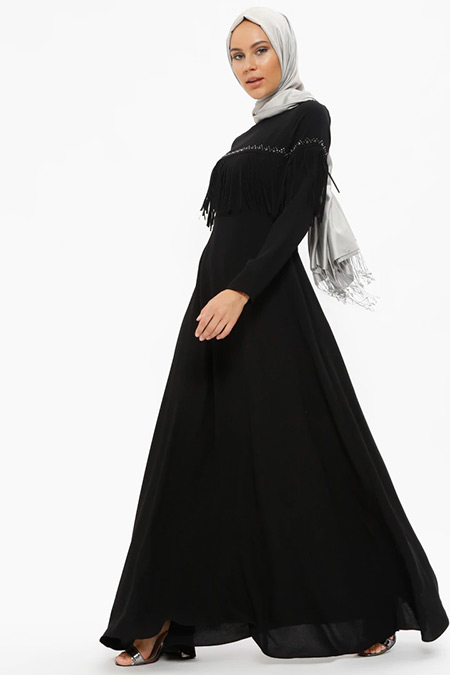 Loreen By Puane Siyah Püskül Detaylı Elbise