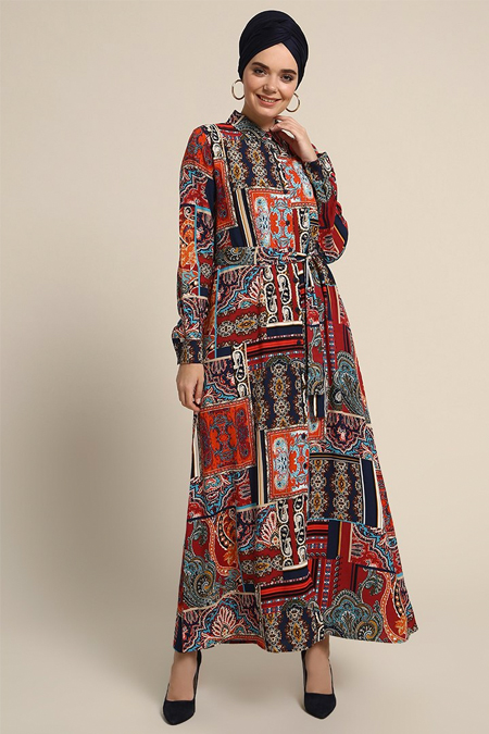 Refka Lacivert Boydan Düğmeli Desenli Elbise
