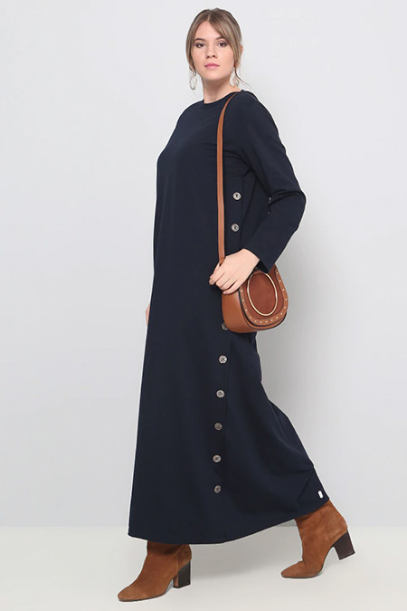 Alia Lacivert Düğme Detaylı Elbise