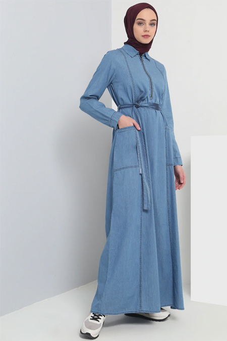 Benin Açık Mavi Doğal Kumaşlı Kot Elbise