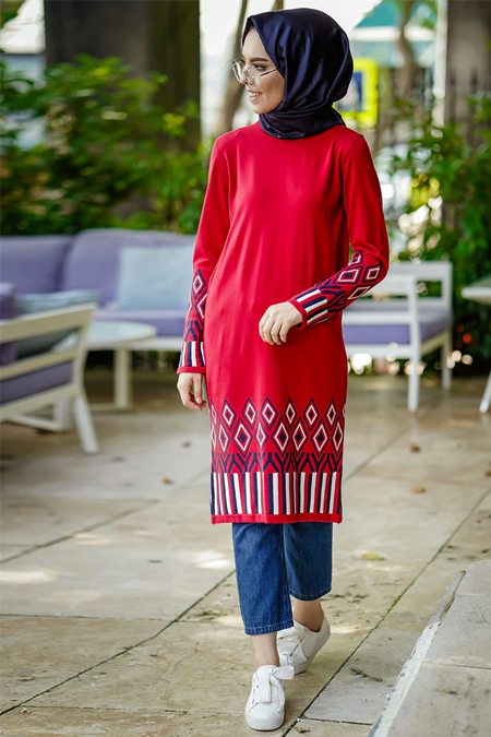 İnşirah Kırmızı Desenli Triko Tunik