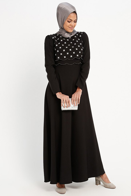 Loreen By Puane Siyah Nakış Detaylı Elbise