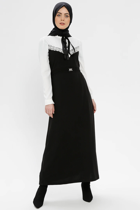 Mileny Siyah Güpür Detaylı Elbise