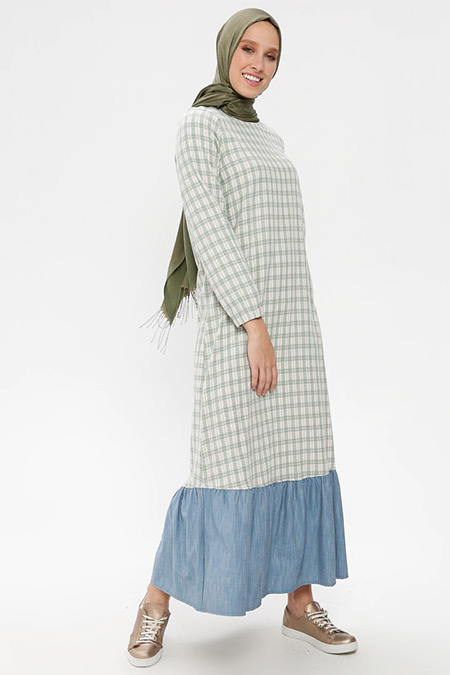 NAKŞİN Çağla Doğal Kumaşlı Kareli Elbise