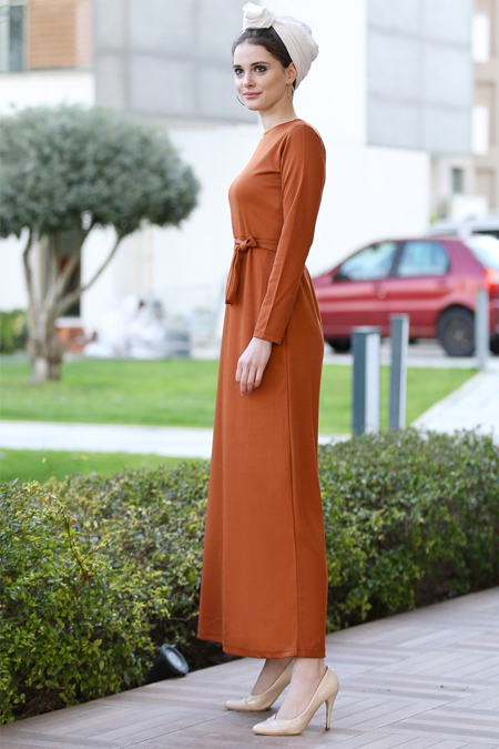 Selma Sarı Design Kiremit Düz Basic Likralı Elbise
