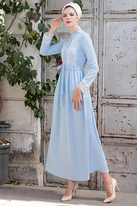 Selma Sarı Design Bebe Mavi Rahat Kesim Dantel Detaylı Elbise