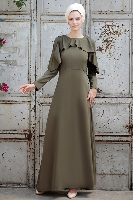 Selma Sarı Design Haki Omuz Fırfır Detaylı Elbise