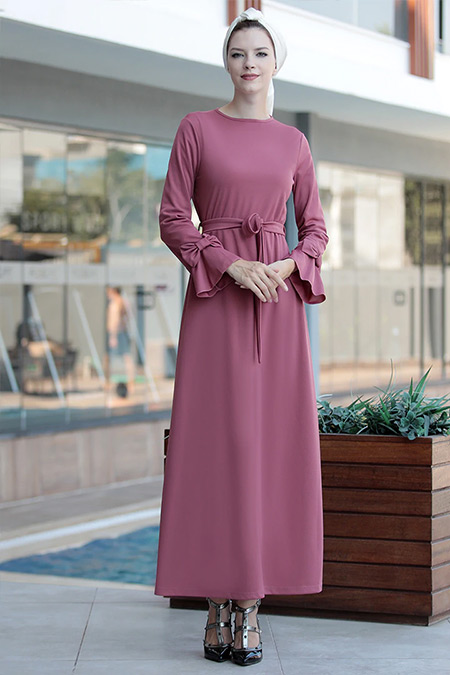 Selma Sarı Design Koyu Pudra Rahat Kesim Kolu Fiyonklu Elbise