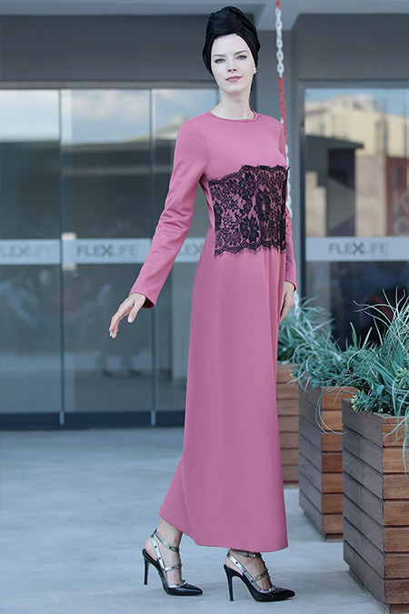 Selma Sarı Design Koyu Pudra Önü Tül Detaylı Elbise