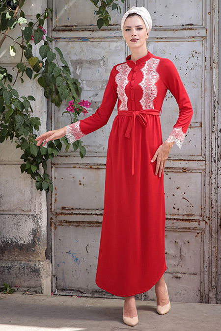 Selma Sarı Design Kırmızı Rahat Kesim Dantel Detaylı Elbise