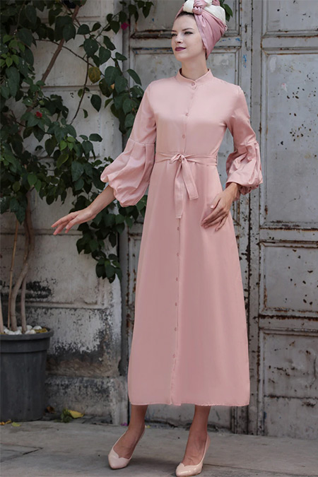 Selma Sarı Design Pudra Balon Kol Gömlek Elbise