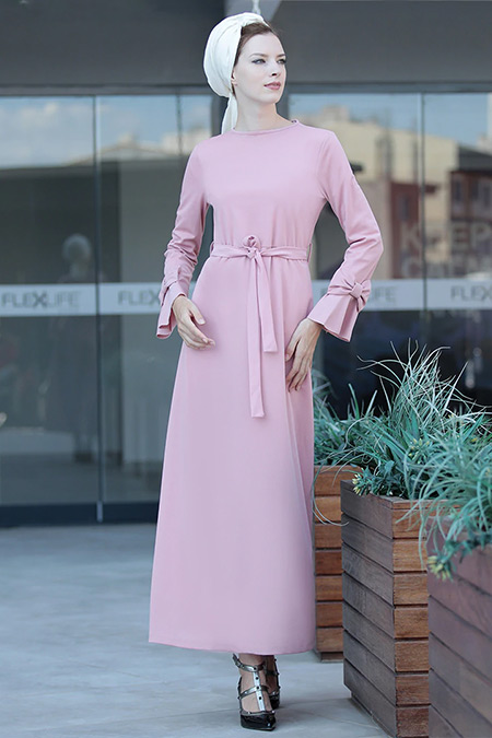 Selma Sarı Design Pudra Rahat Kesim Kolu Fiyonklu Elbise