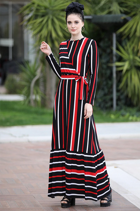 Selma Sarı Design Siyah Kırmızı Kruvaze Çizgili Elbise