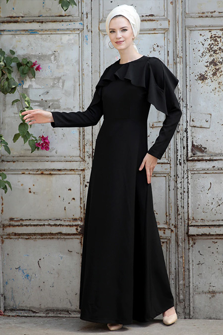Selma Sarı Design Siyah Omuz Fırfır Detaylı Elbise