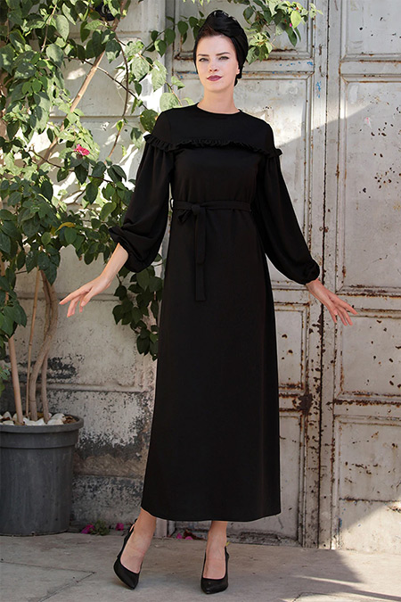 Selma Sarı Design Siyah Rahat Kumaş Fırfırlı Elbise