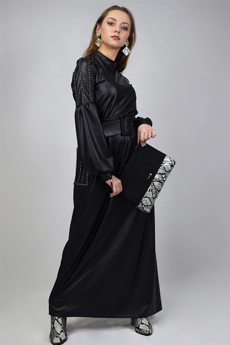 Sew&Design Siyah İncili Cepli Deri Elbise
