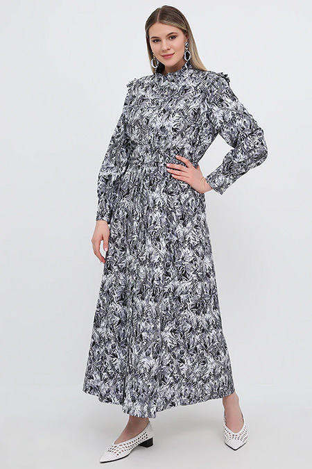 Alia Siyah Boydan Düğmeli Desenli Elbise