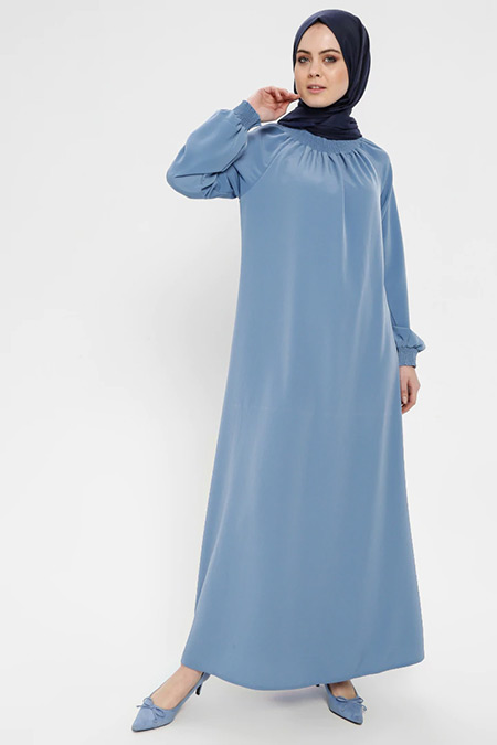 ECESUN Mavi Yakası ve Kol Ucu Lastikli Elbise