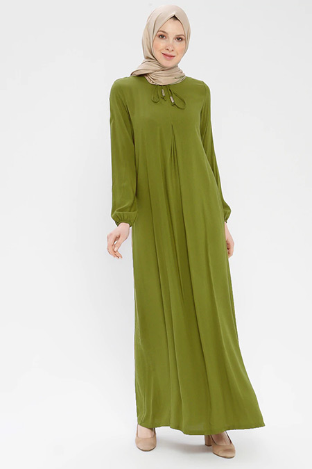 Ginezza Yağ Yeşili Yakası Bağcıklı Elbise