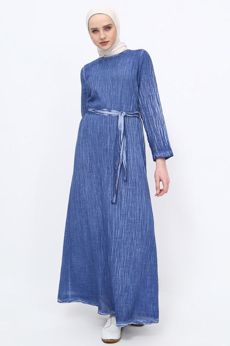 Tavin Mavi Yıkamalı Doğal Kumaş Elbise