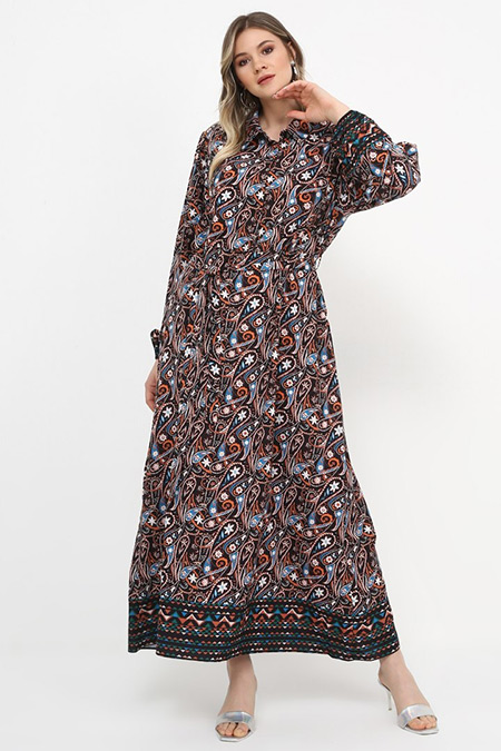 Alia Kahverengi Şal Detaylı Şifon Elbise