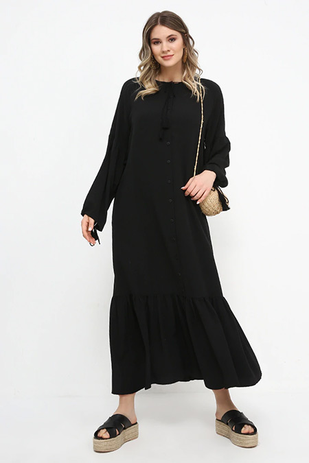 Alia Siyah Eteği Volanlı Elbise