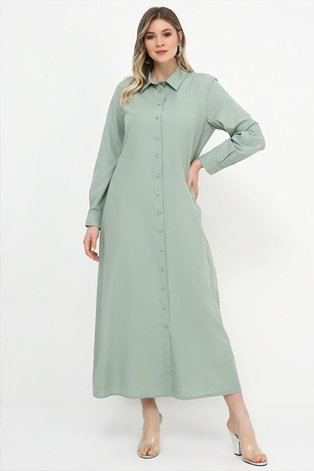 Alia Su Yeşili Boydan Düğmeli Elbise