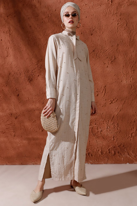 Mnatural Taş İnci Detaylı Boydan Düğmeli Elbise