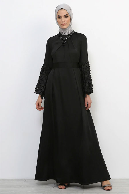 Refka Siyah Kol Detaylı Abiye Elbise