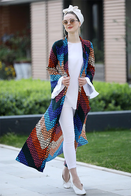 Selma Sarı Design Karışık Renkli Uzun Kimono Ceket