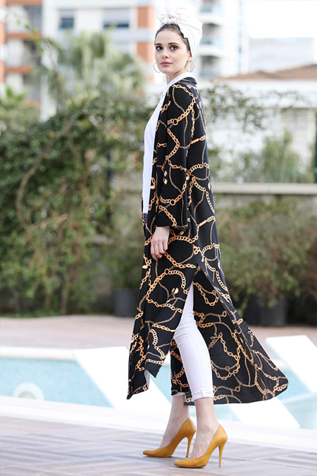 Selma Sarı Design Siyah Gold Uzun Kimono Ceket