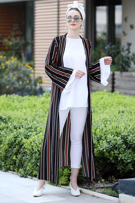 Selma Sarı Design Siyah Kiremit Uzun Kimono Ceket