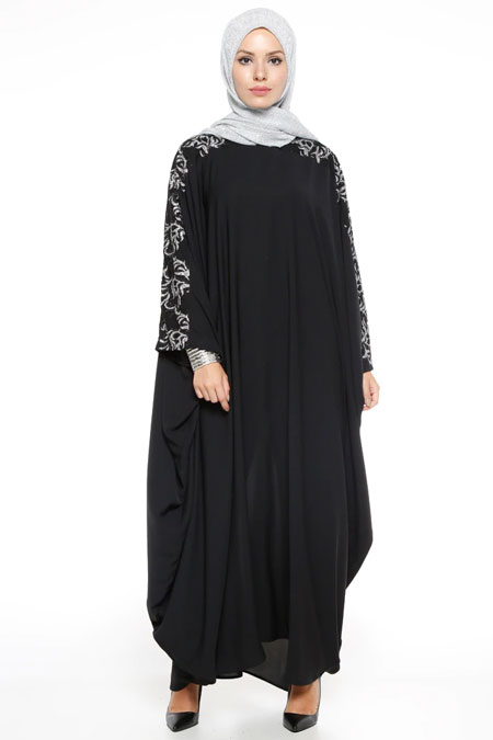 Filizzade Siyah Gümüş Pul Payetli Ferace Elbise