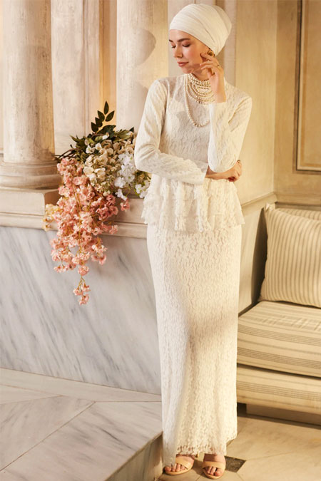 Mwedding Beyaz Dantelli Abiye Elbise