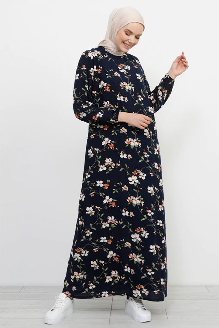 Refka Lacivert Doğal Kumaşlı Çiçekli Elbise