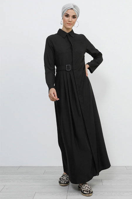 Refka Siyah Boydan Gizli Düğmeli Elbise