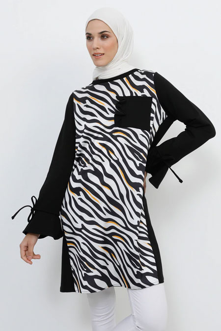 Refka Siyah Zebra Desenli Pamuklu Tunik