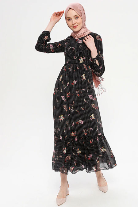 Loreen By Puane Siyah Volan Detaylı Elbise
