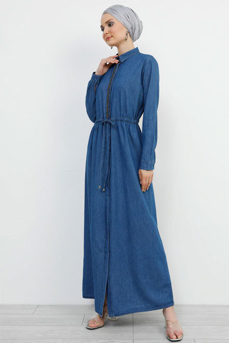 Refka Koyu Mavi Doğal Kumaşlı Gizli Düğmeli Kot Elbise