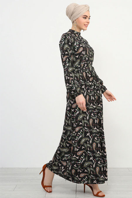 Refka Siyah Doğal Kumaşlı Desenli Elbise