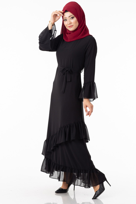 Siyah Şifonlu Fırfırlı Tesettür Elbise