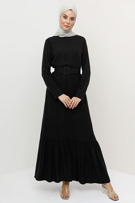 Tavin Siyah Doğal Kumaşlı Kemerli Elbise