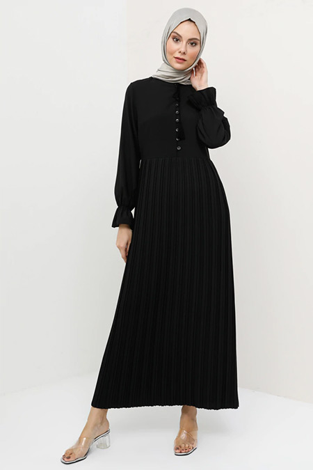 Tavin Siyah Düğme Detaylı Piliseli Elbise