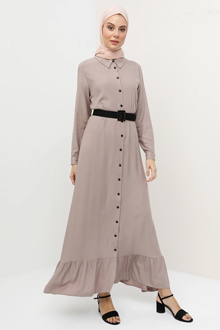 Tavin Vizon Doğal Kumaşlı Boydan Düğmeli Kemerli Elbise