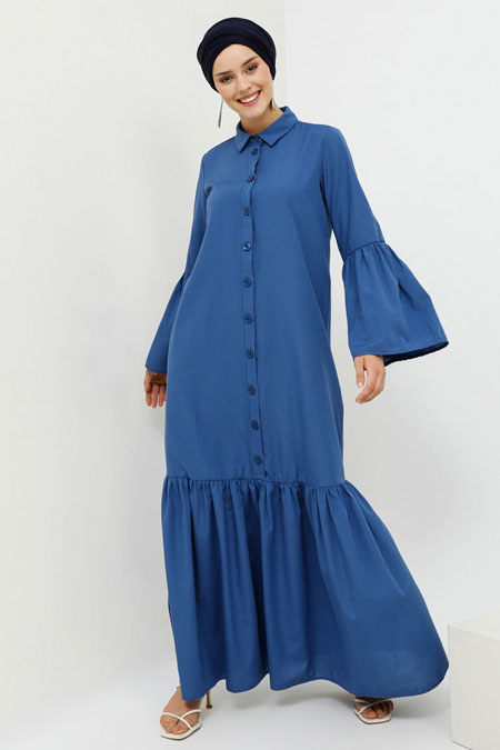 Benin Derin Mavi Doğal Kumaşlı Boydan Düğmeli Elbise