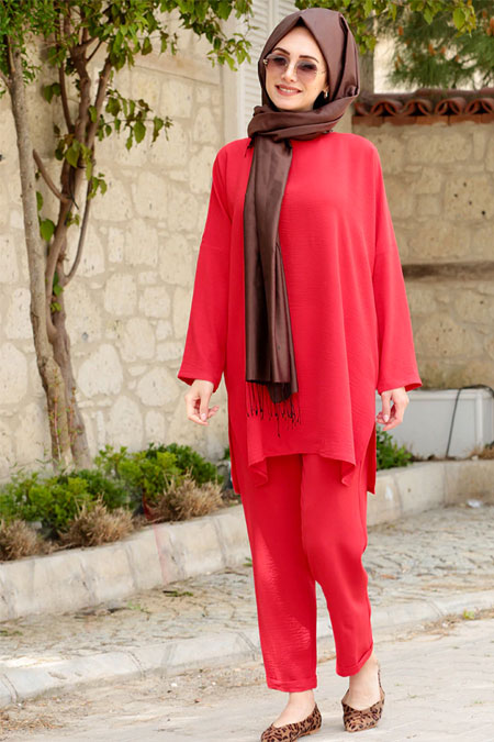 Gamze Özkul Kırmızı Liya Tunik & Pantolon İkili Takım