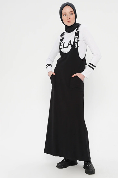 Loreen By Puane Siyah Beyaz Bluzlu Askılı Elbise